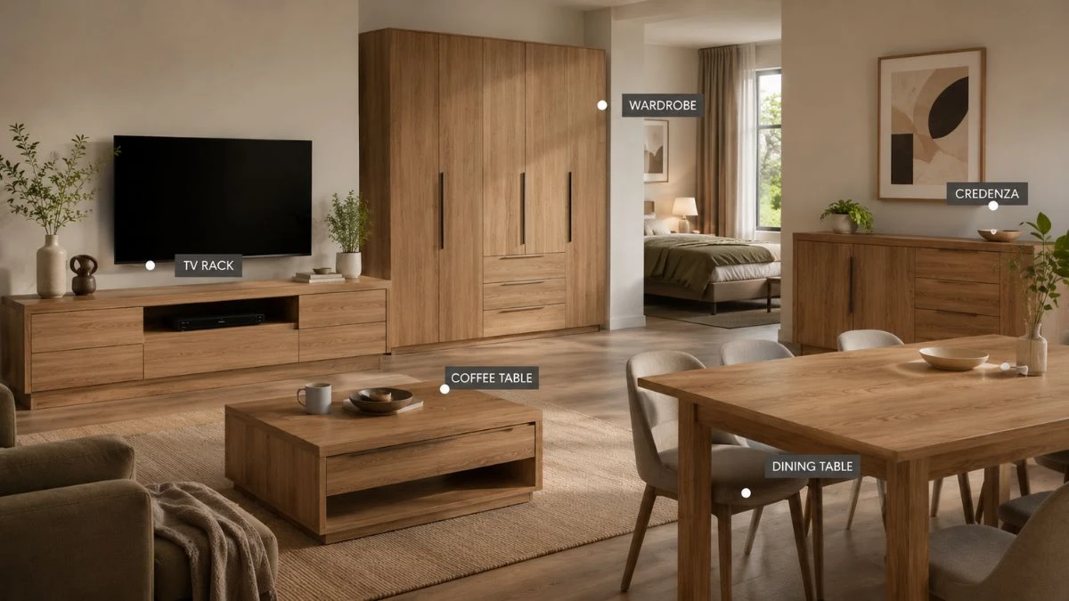 Autumn series furniture koleksi lengkap MFC board wood grain di ruang tamu dan kamar tidur modern yang hangat