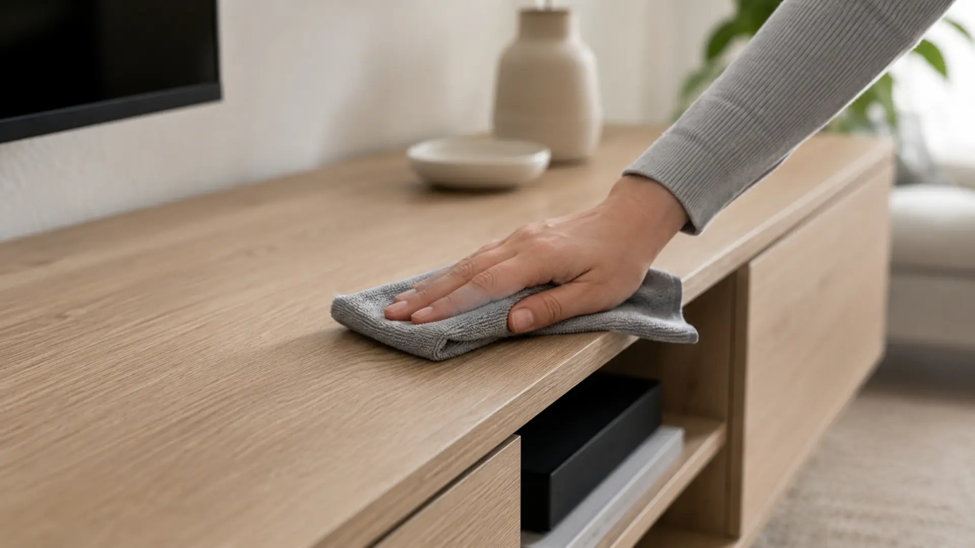Tangan membersihkan permukaan furniture MFC board dengan kain microfiber lembab di ruang tamu modern