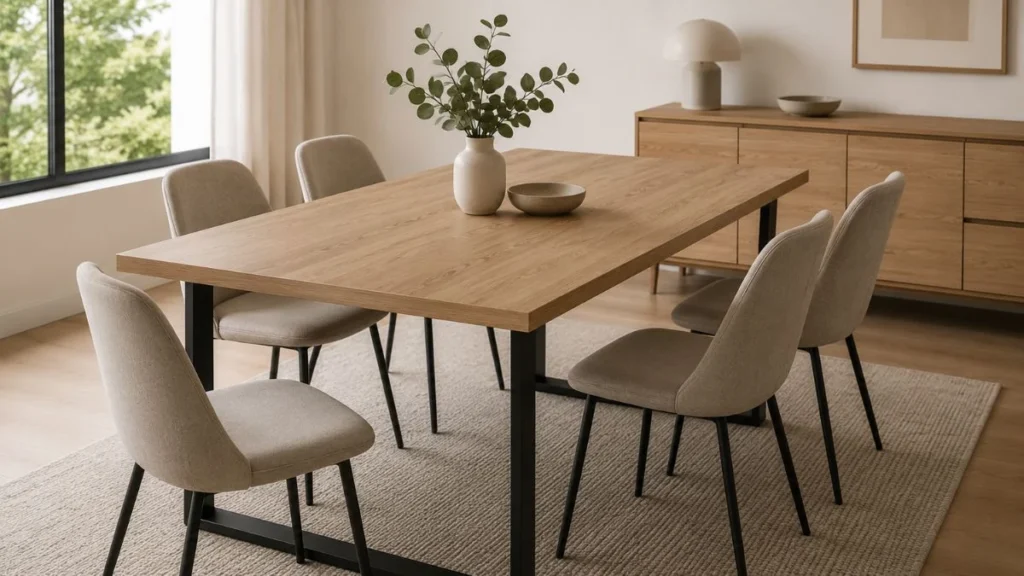 Dining table berbahan MFC board motif wood grain di ruang makan modern dengan kursi minimalis