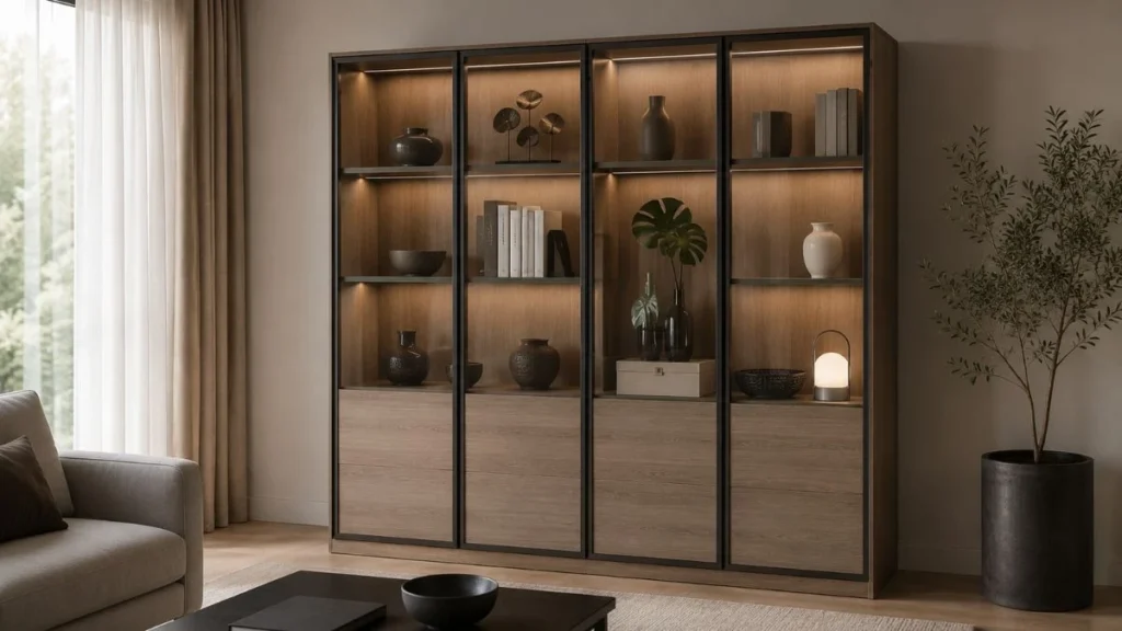 Display cabinet MFC board dengan pintu kaca tempered di ruang tamu modern menampilkan koleksi dekoratif