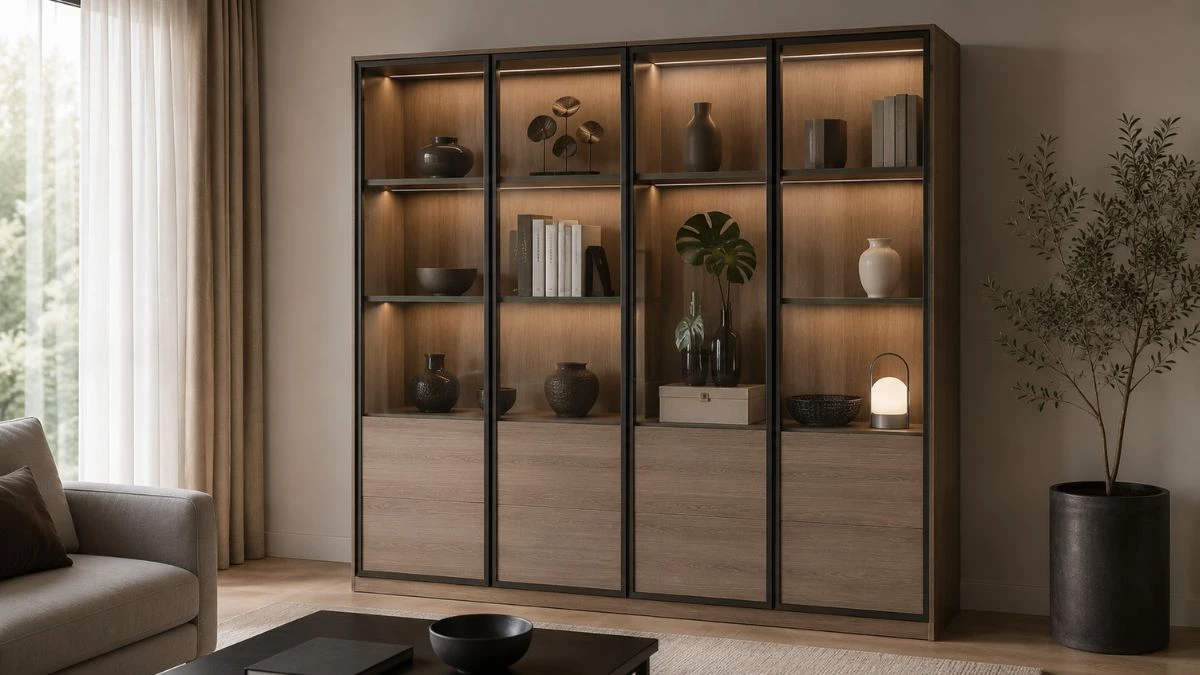 Display cabinet MFC board dengan pintu kaca tempered di ruang tamu modern menampilkan koleksi dekoratif