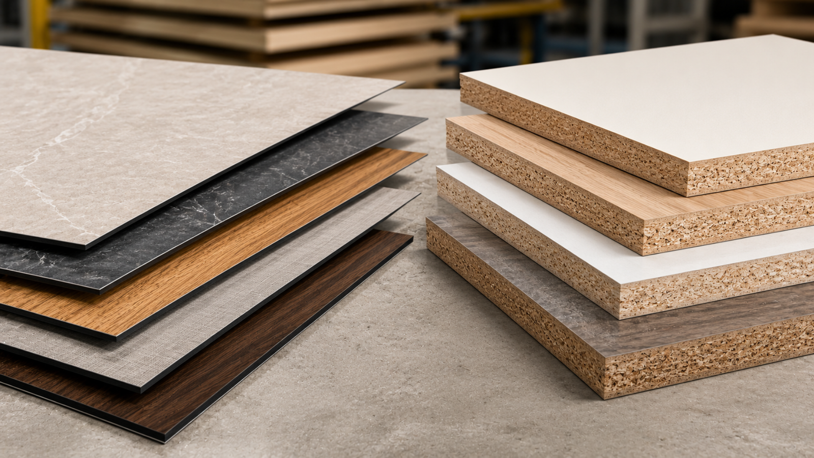 Perbandingan lembaran HPL dan panel MFC board melamine berdampingan menampilkan perbedaan ketebalan lapisan dan tekstur permukaan