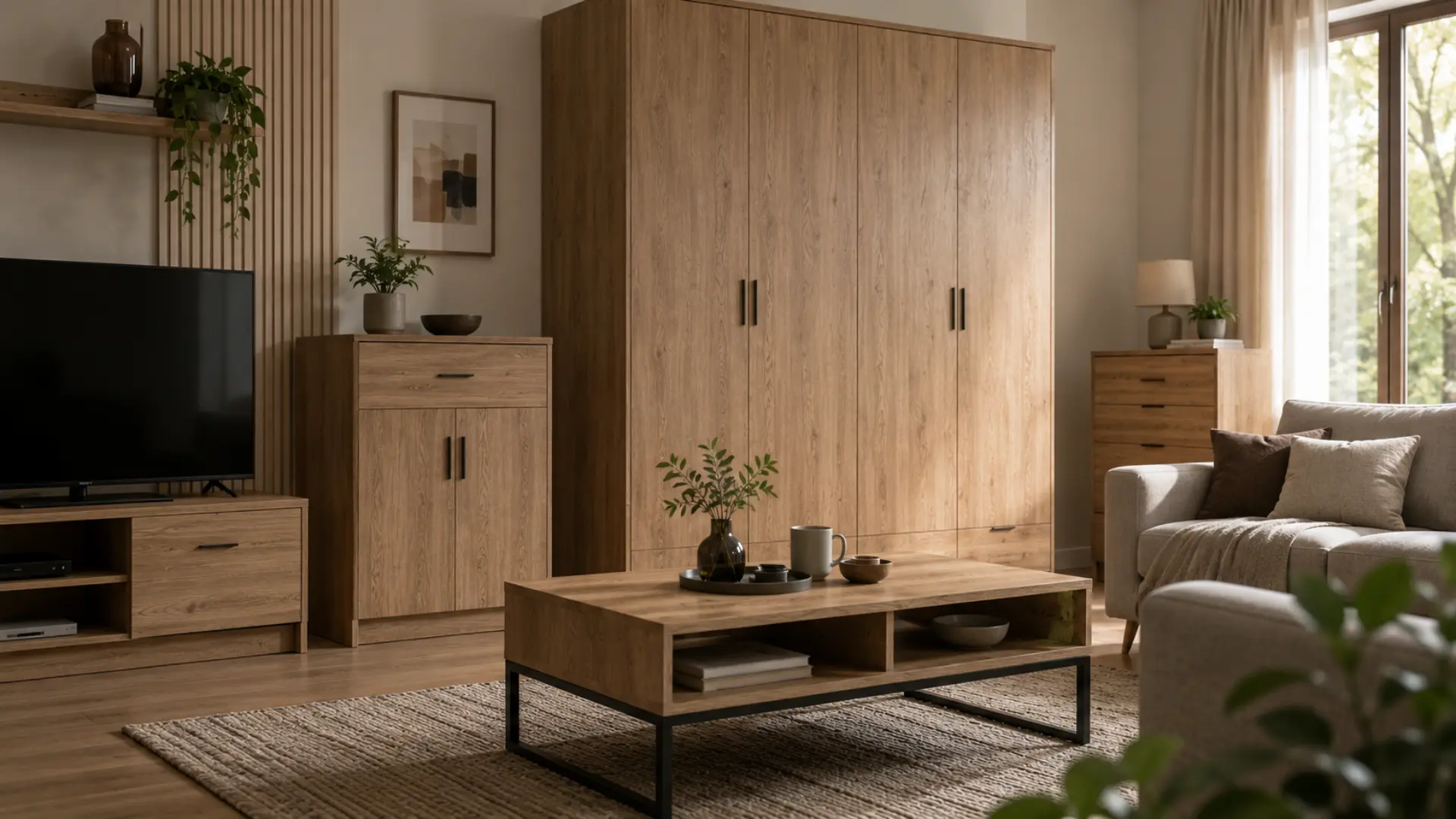 Ruang tamu modern dengan berbagai furnitur dari MFC board termasuk lemari credenza dan meja kopi motif wood grain