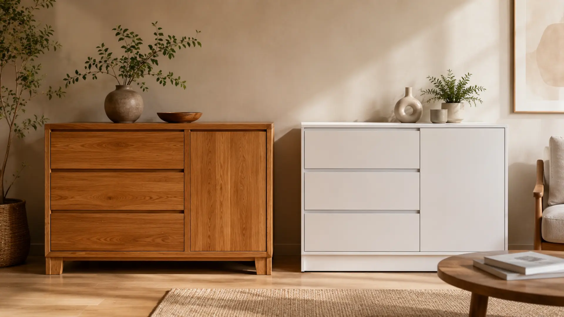 Perbandingan furniture kayu solid dan furniture MFC board berdampingan menampilkan perbedaan tekstur dan tampilan material