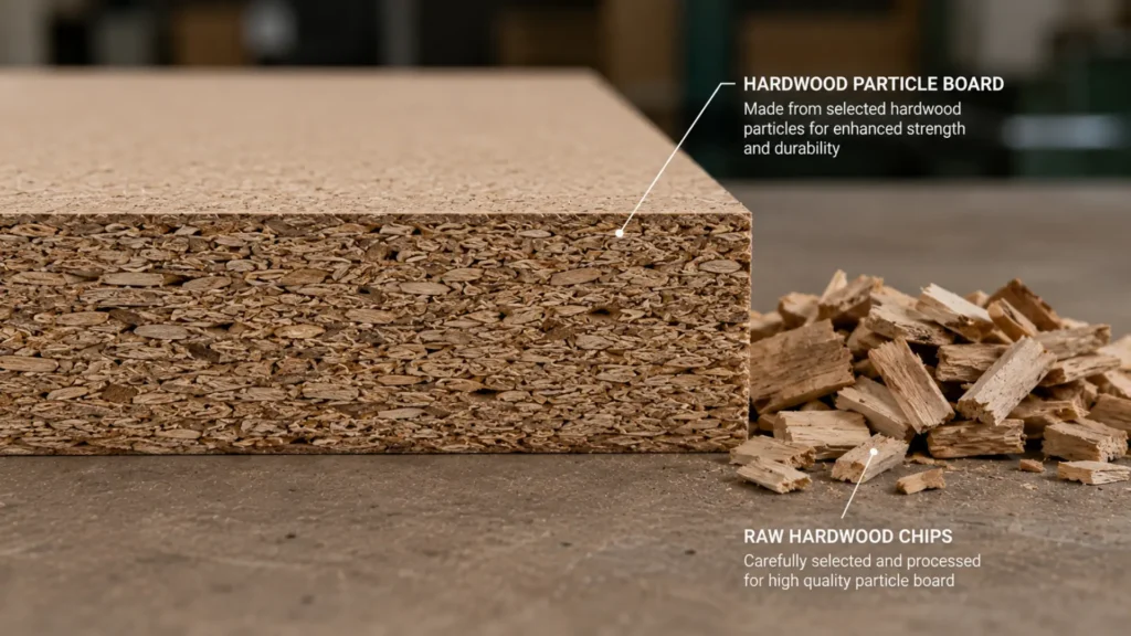 Hardwood particle board dengan tekstur partikel kayu keras yang lebih padat dibandingkan particle board standar