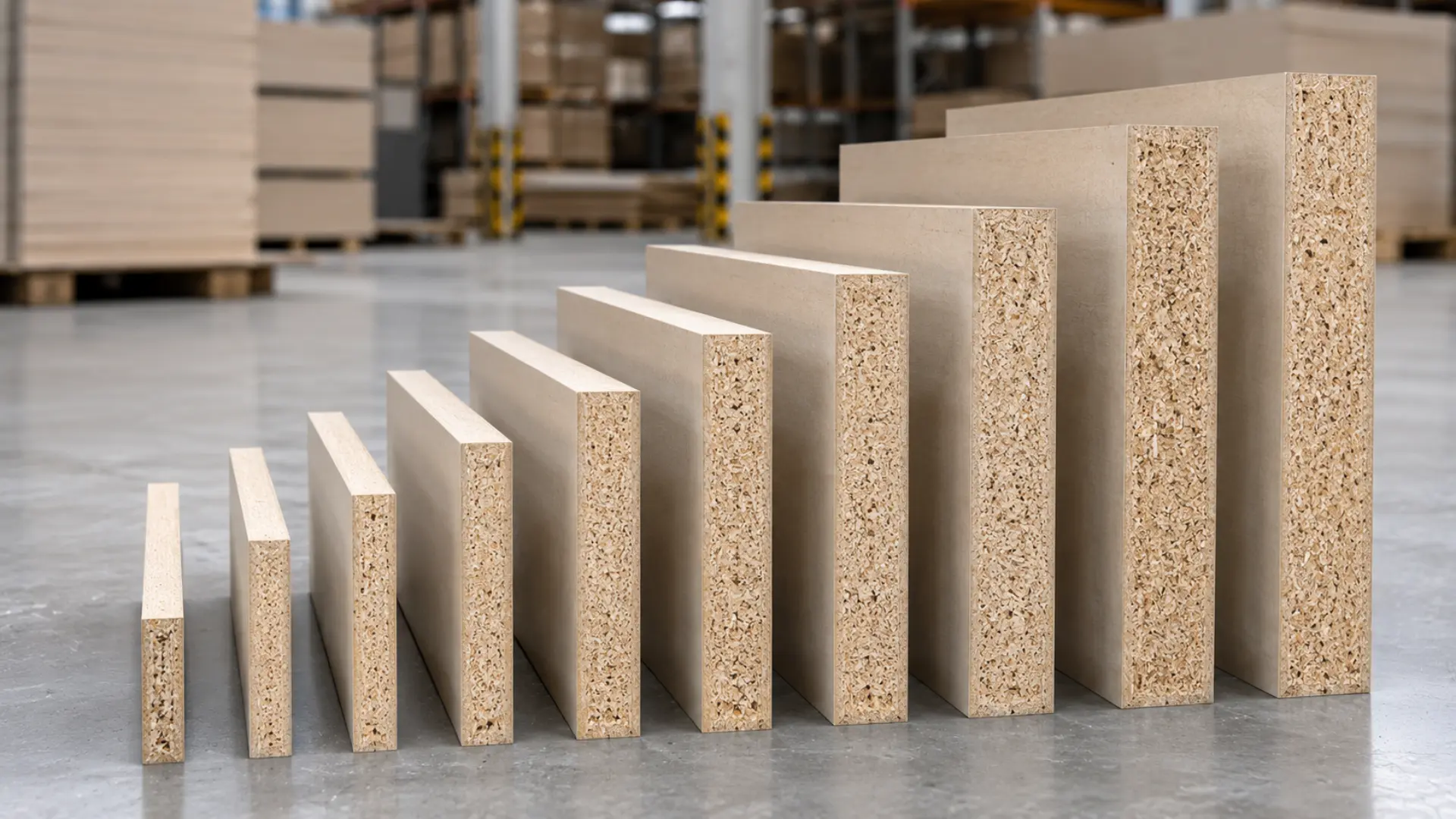 Panel particle board berbagai ketebalan tersusun rapi menampilkan perbedaan visual ketebalan dari 9mm hingga 25mm