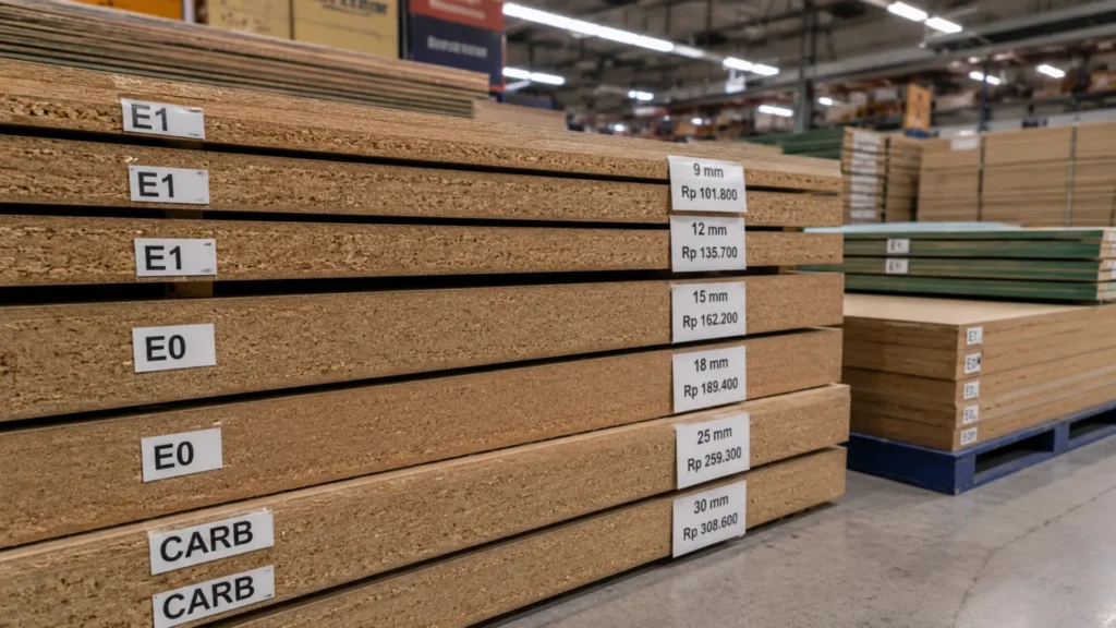 Harga partikel board berbagai ketebalan dengan label tipe emisi E1 E0 dan CARB ditampilkan pada panel di gudang distributor