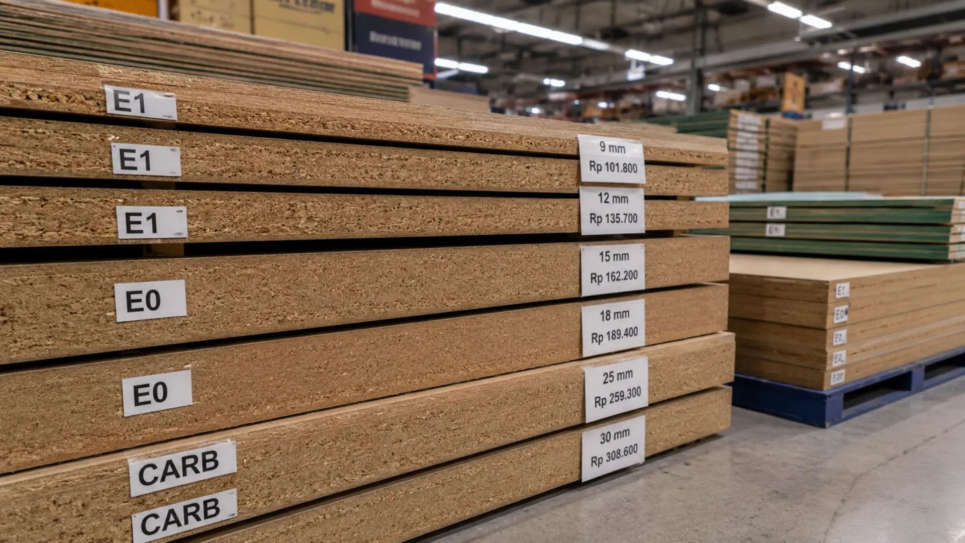 Harga partikel board berbagai ketebalan dengan label tipe emisi E1 E0 dan CARB ditampilkan pada panel di gudang distributor