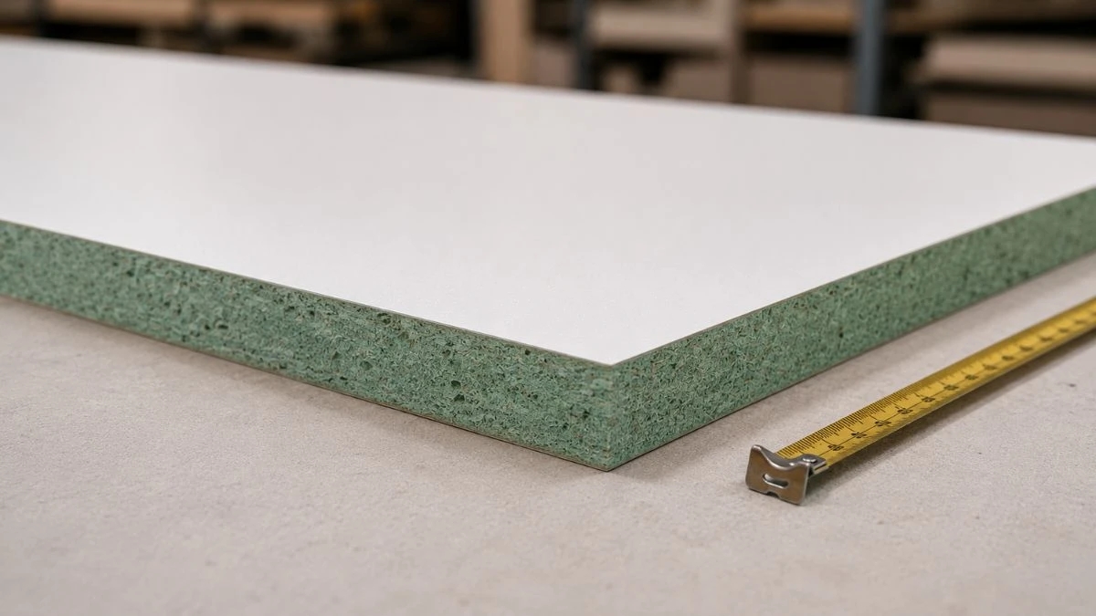 Panel HMR board 12mm dengan tampilan sisi potongan berwarna hijau penanda resin tahan lembab