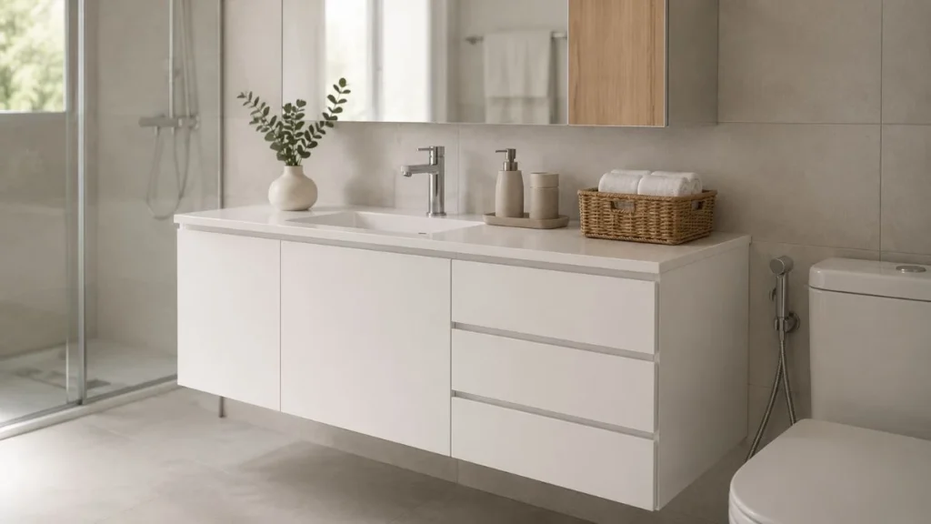 Kabinet vanity kamar mandi berbahan HMR board dengan finishing melamin putih dan wastafel modern