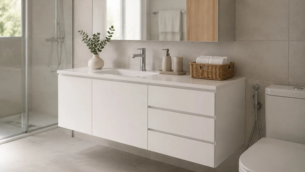 Kabinet vanity kamar mandi berbahan HMR board dengan finishing melamin putih dan wastafel modern