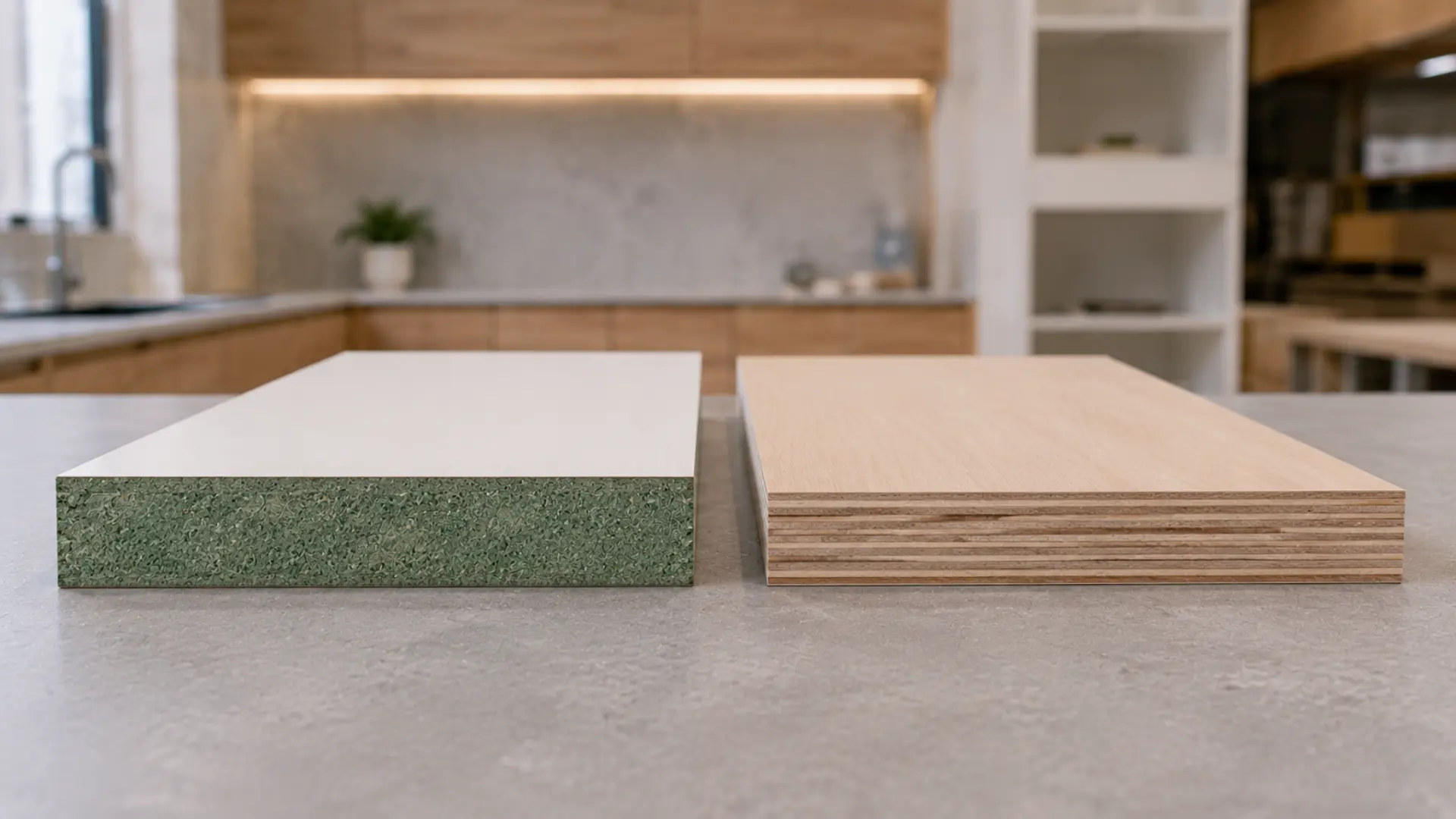 Perbandingan panel HMR board dengan inti hijau dan plywood berlapis veneer berdampingan untuk aplikasi kitchen set