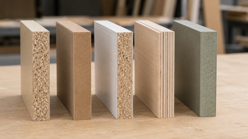 Berbagai jenis panel kayu olahan tersusun berdampingan menampilkan perbedaan tekstur dan struktur particle board MDF MFC plywood dan HMR board