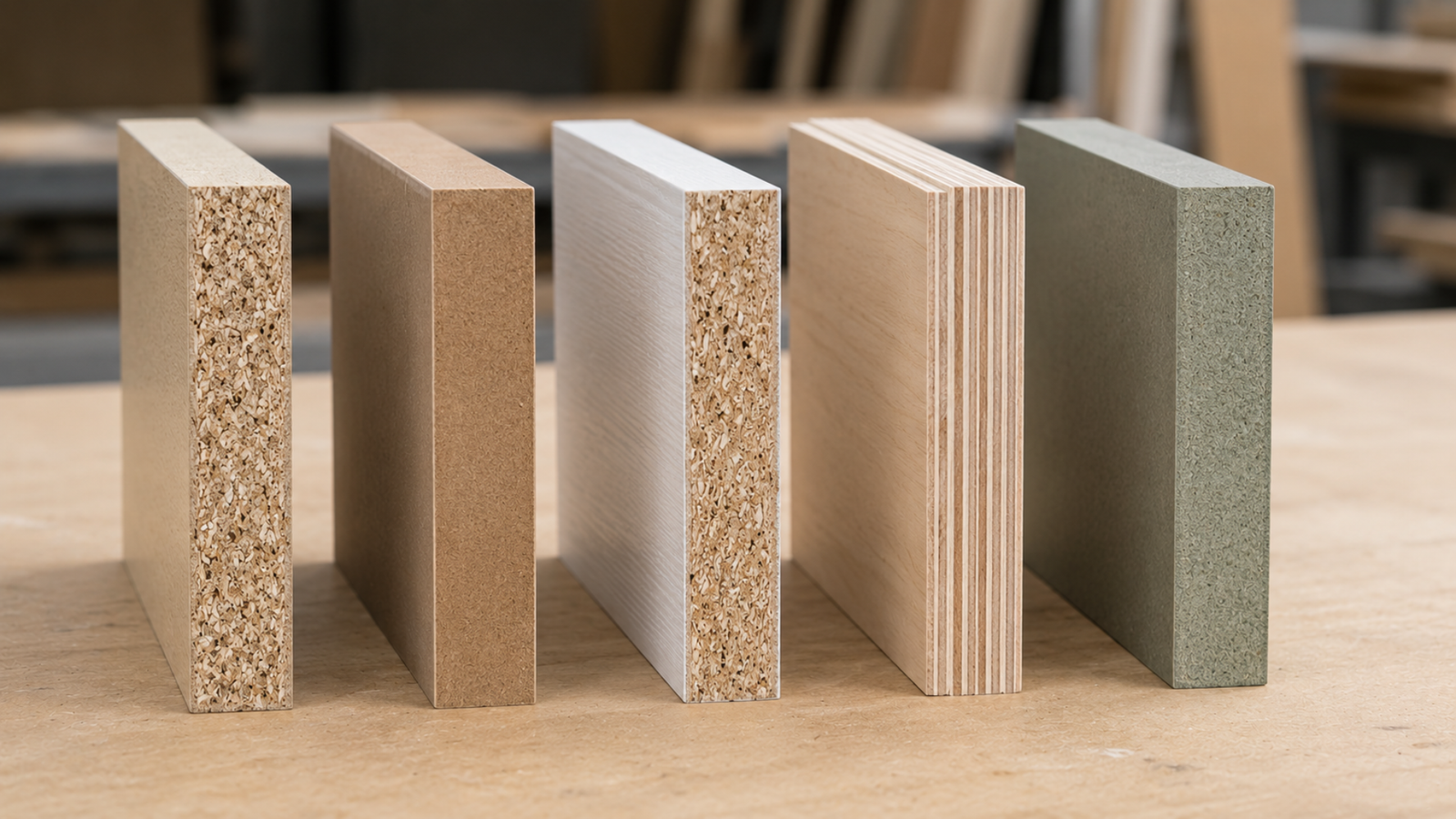 Berbagai jenis panel kayu olahan tersusun berdampingan menampilkan perbedaan tekstur dan struktur particle board MDF MFC plywood dan HMR board