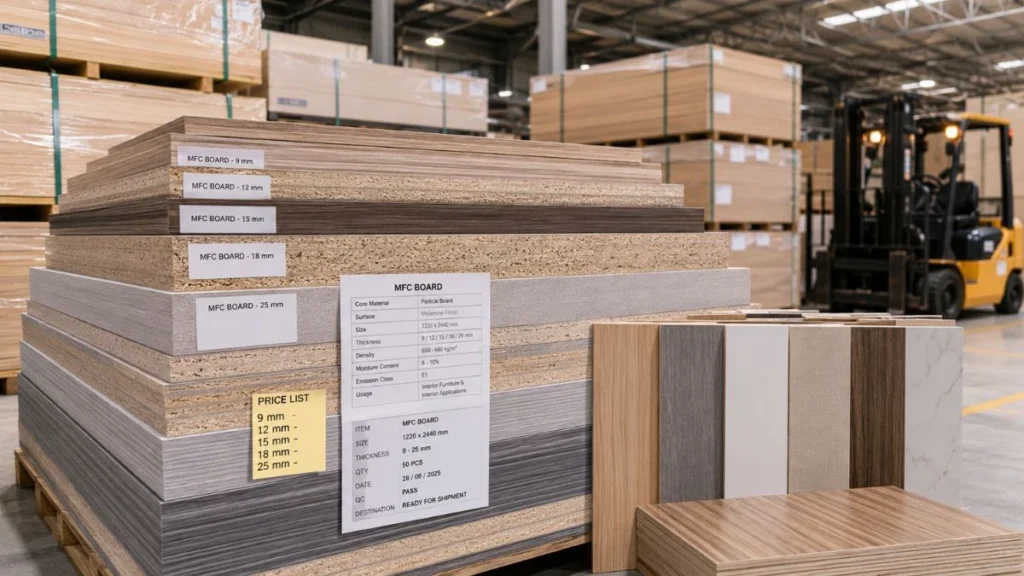 Jual MFC board berbagai ketebalan dan motif tersusun rapi di gudang produsen siap untuk pengiriman