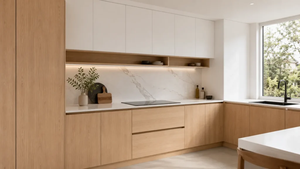 Kabinet dapur minimalis berbahan MFC board HMR dengan finishing melamin putih dan wood grain di dapur modern