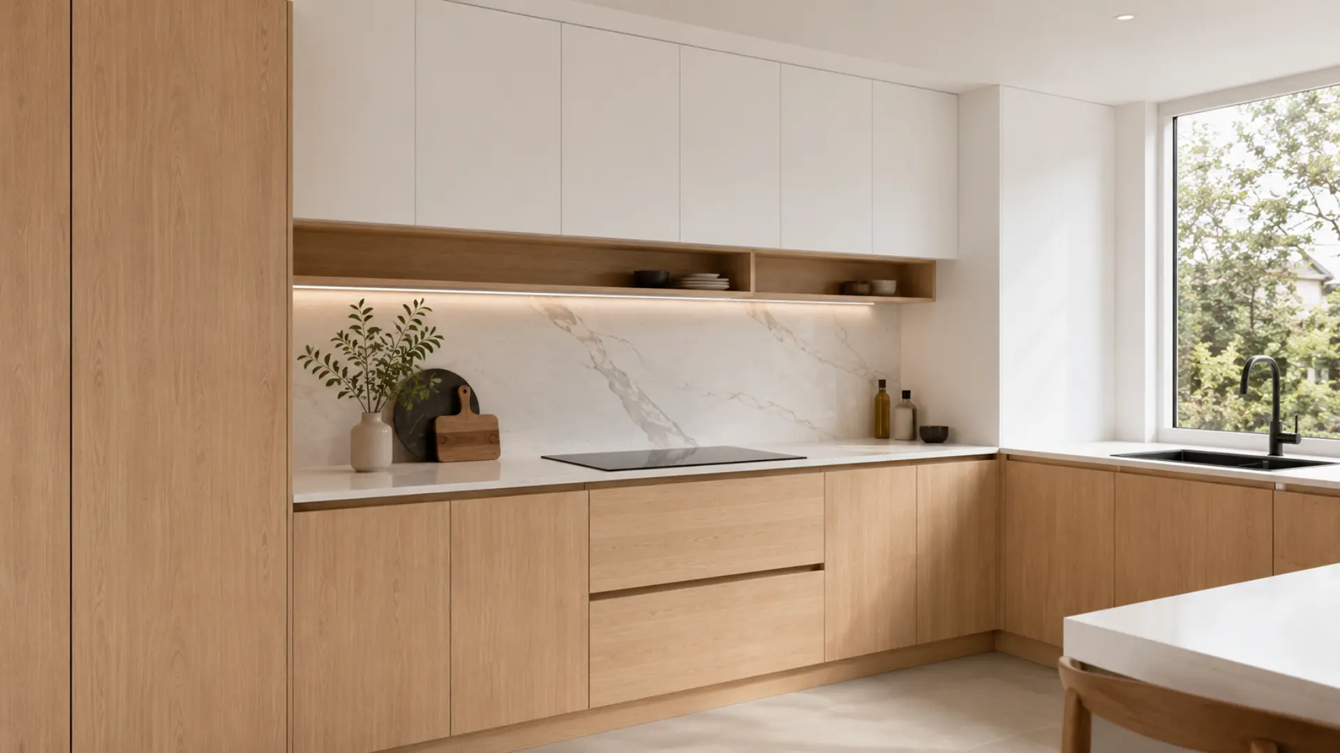 Kabinet dapur minimalis berbahan MFC board HMR dengan finishing melamin putih dan wood grain di dapur modern