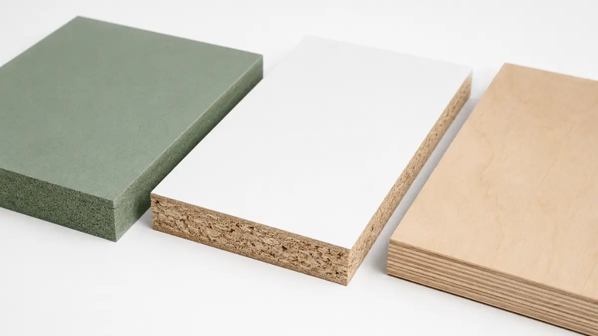 Tiga pilihan material kitchen set: HMR board, MFC board, dan plywood, ditampilkan berdampingan untuk perbandingan