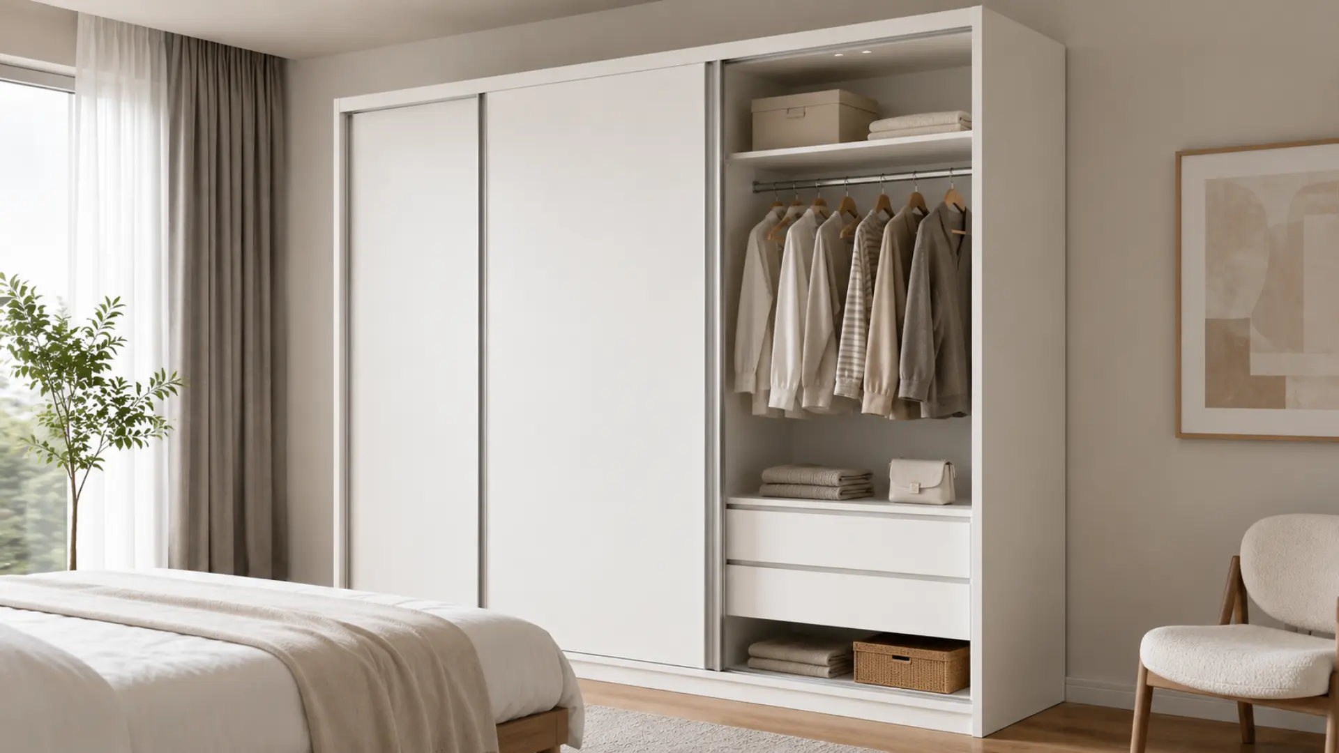 Lemari minimalis MFC board putih dengan pintu geser di kamar tidur modern minimalis yang rapi