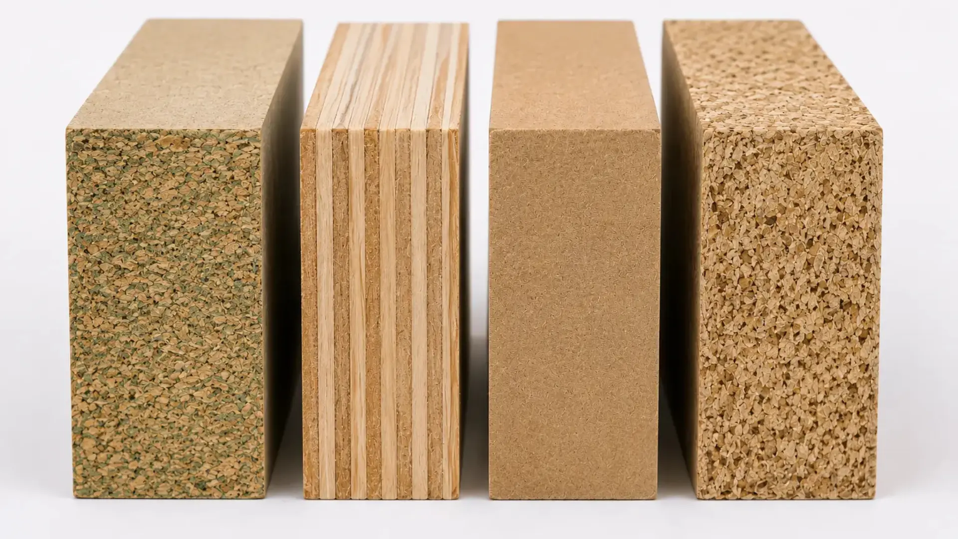 Perbandingan penampang empat material kitchen set: HMR board, plywood, MDF, dan particle board