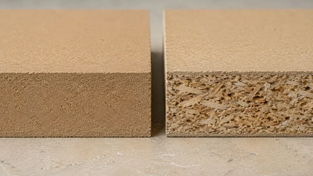 Penampang MDF board menunjukkan tekstur serat kayu halus yang homogen, berbeda dari particle board