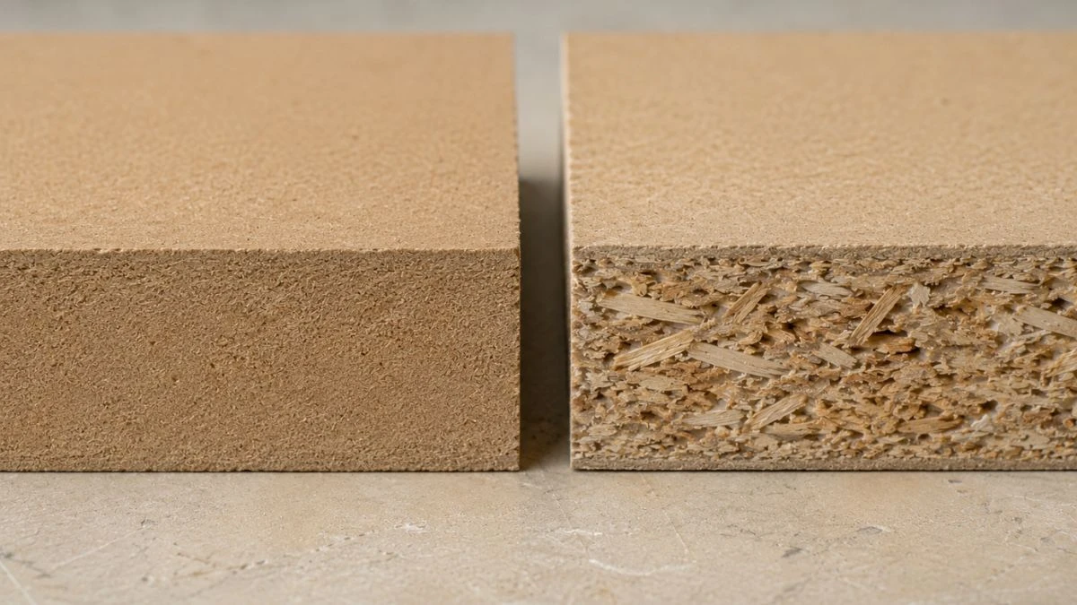 Penampang MDF board menunjukkan tekstur serat kayu halus yang homogen, berbeda dari particle board
