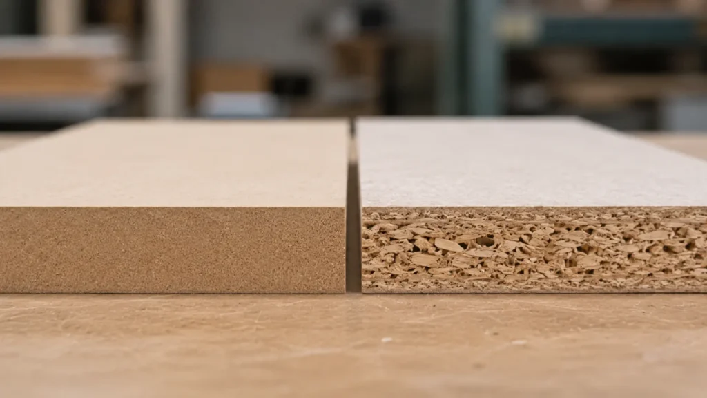 Perbandingan panel MDF dan particle board berdampingan menampilkan perbedaan tekstur sisi potongan dan permukaan