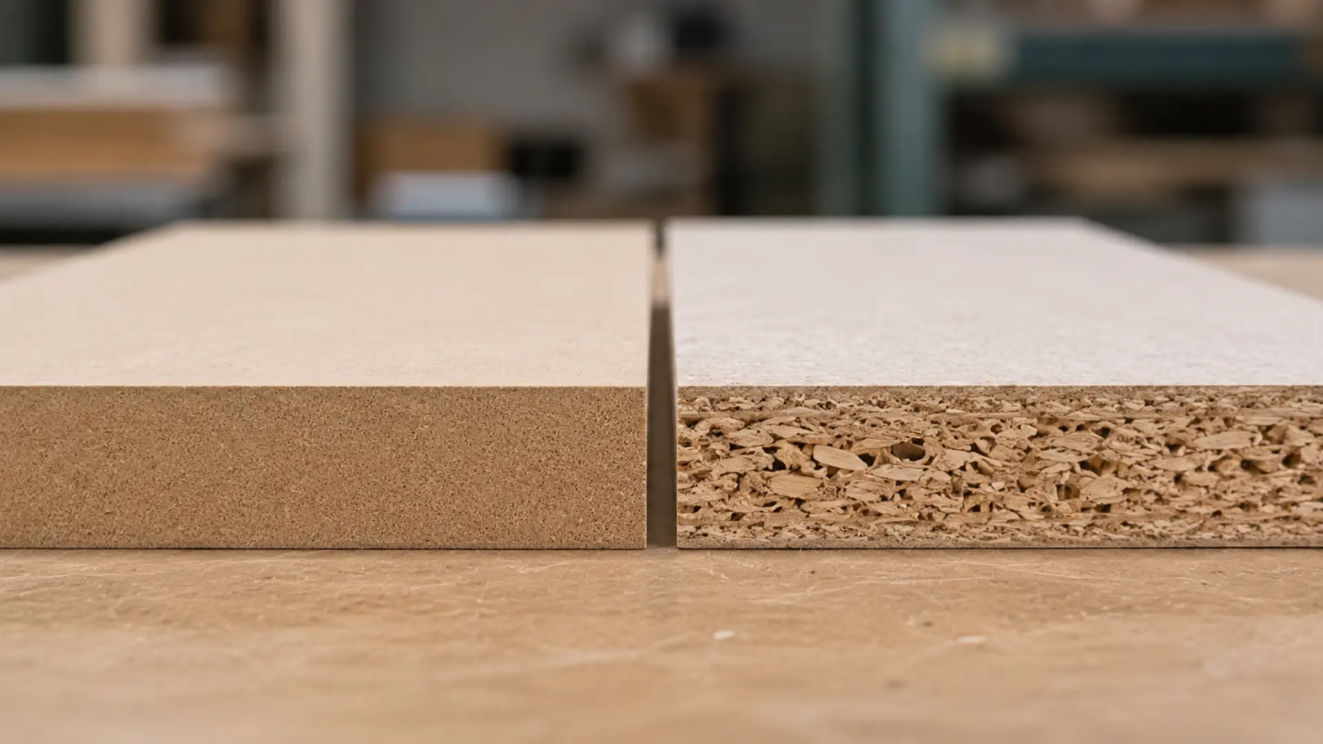 Perbandingan panel MDF dan particle board berdampingan menampilkan perbedaan tekstur sisi potongan dan permukaan