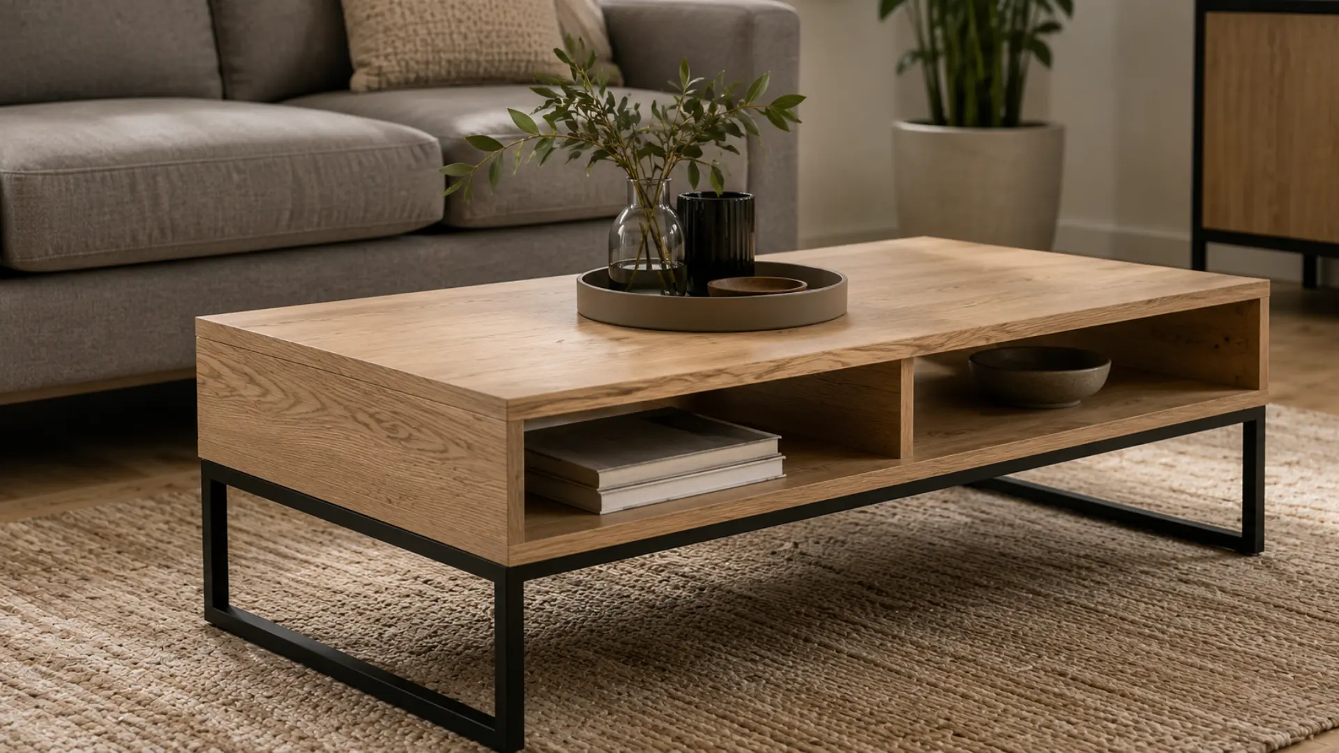Meja kopi MFC board motif wood grain di ruang tamu modern dengan sofa dan karpet minimalis