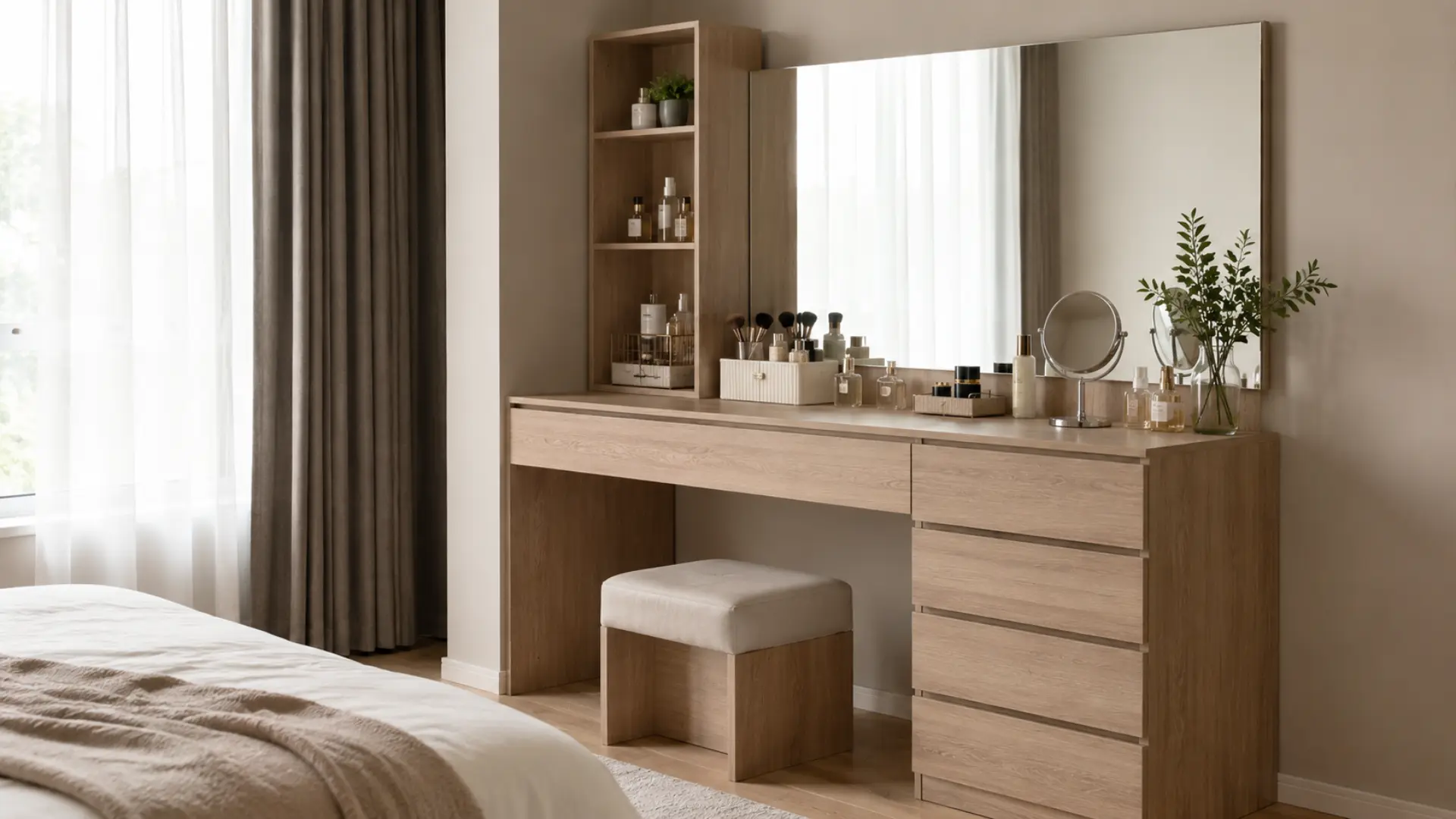 Meja rias MFC board dengan cermin besar dan laci penyimpanan di kamar tidur modern minimalis