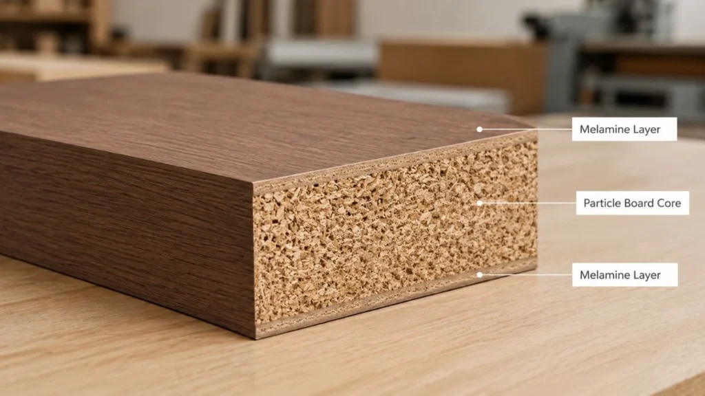 MFC adalah panel melamine faced chipboard dengan lapisan melamin dekoratif dan inti particle board yang terlihat dari sisi potongan