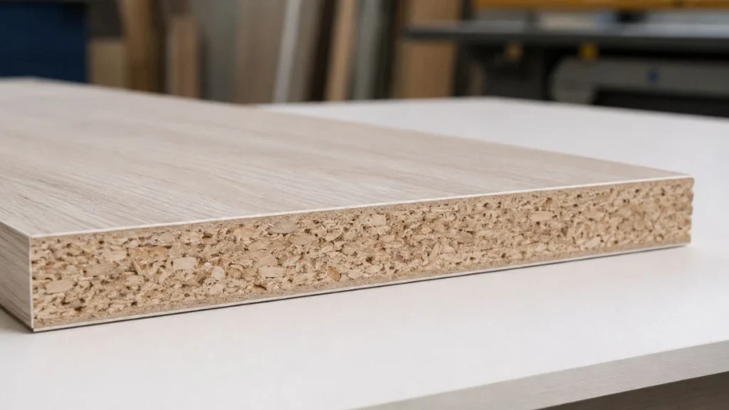 Panel MFC board 18mm dengan tampilan sisi potongan dan permukaan melamin motif wood grain