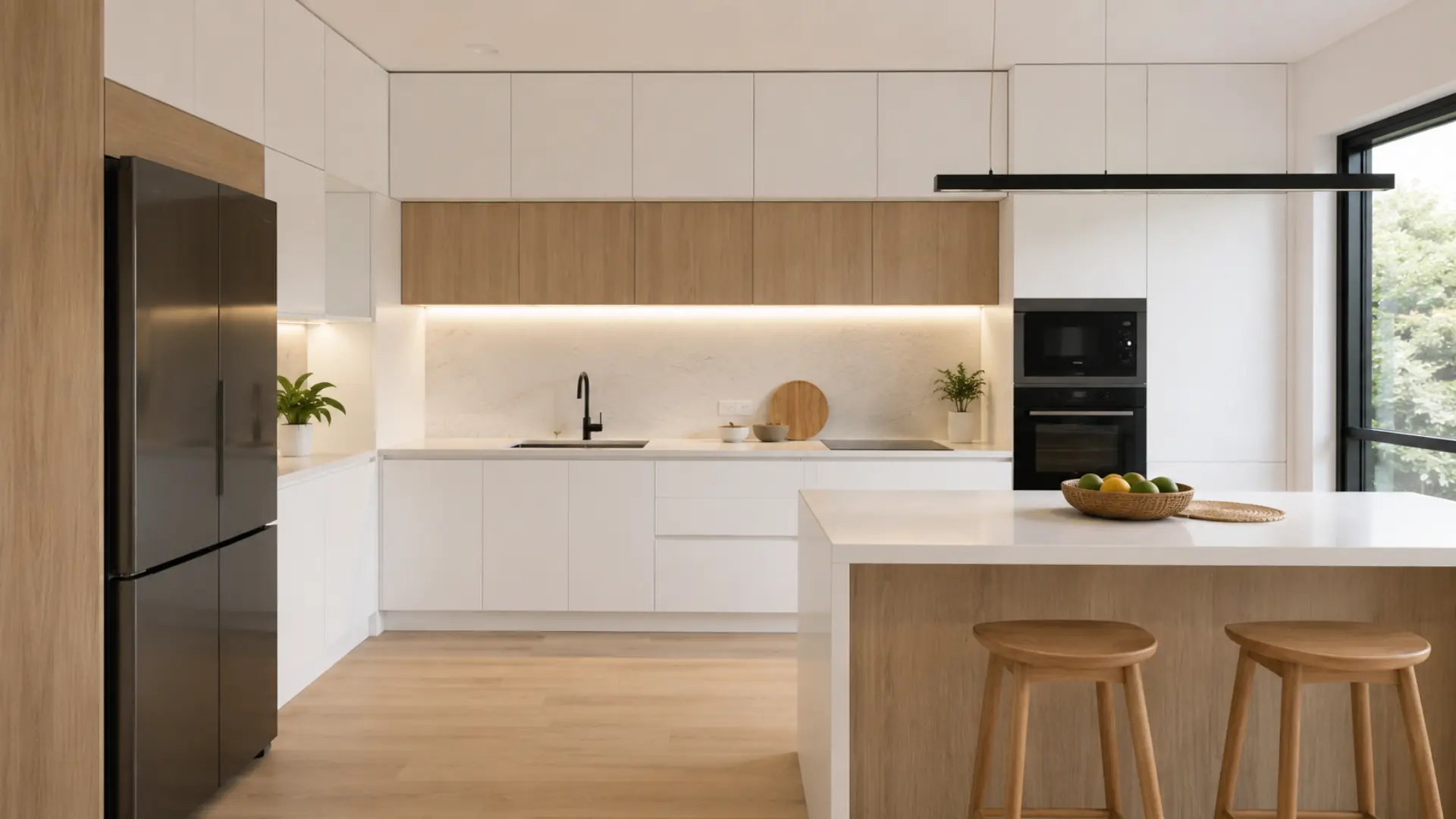 Kitchen set modern berbahan MFC board HMR dengan finishing melamin putih dan wood grain di dapur minimalis