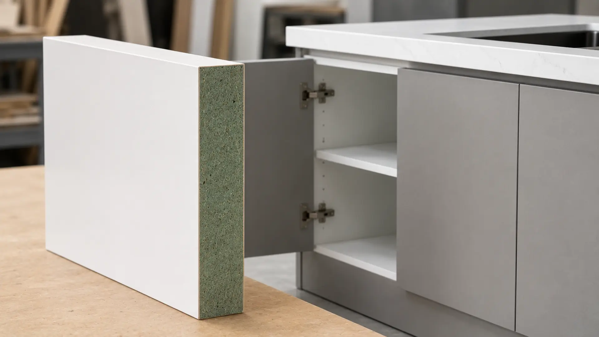 Panel MFC HMR board dengan inti hijau tahan lembab dan permukaan melamin putih untuk kitchen set modern