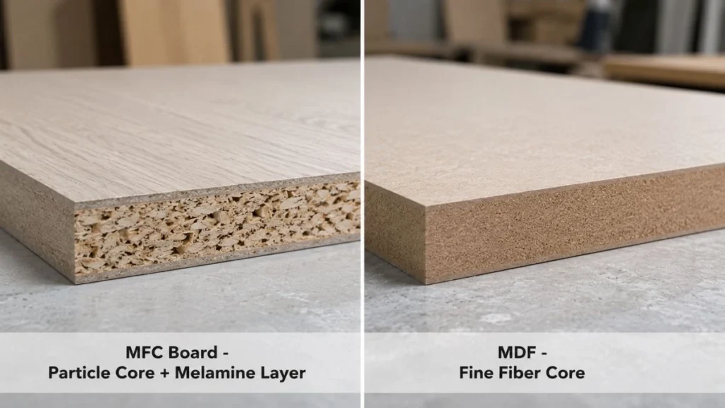 MFC vs MDF perbandingan panel berdampingan menampilkan perbedaan sisi potongan particle board dan serat MDF