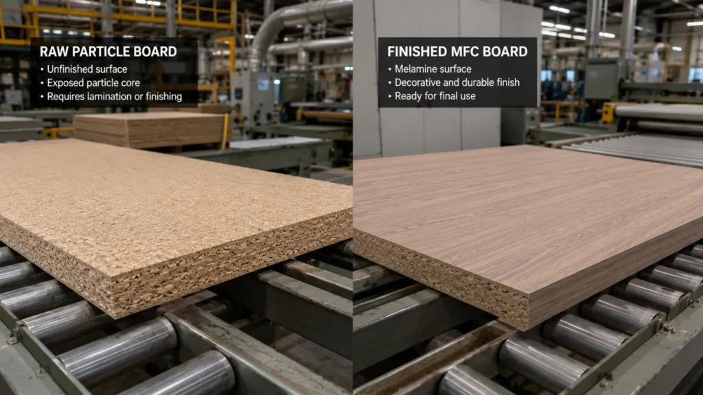 MFC vs particle board menampilkan particle board polos di satu sisi dan MFC board berlapis melamin di sisi lainnya