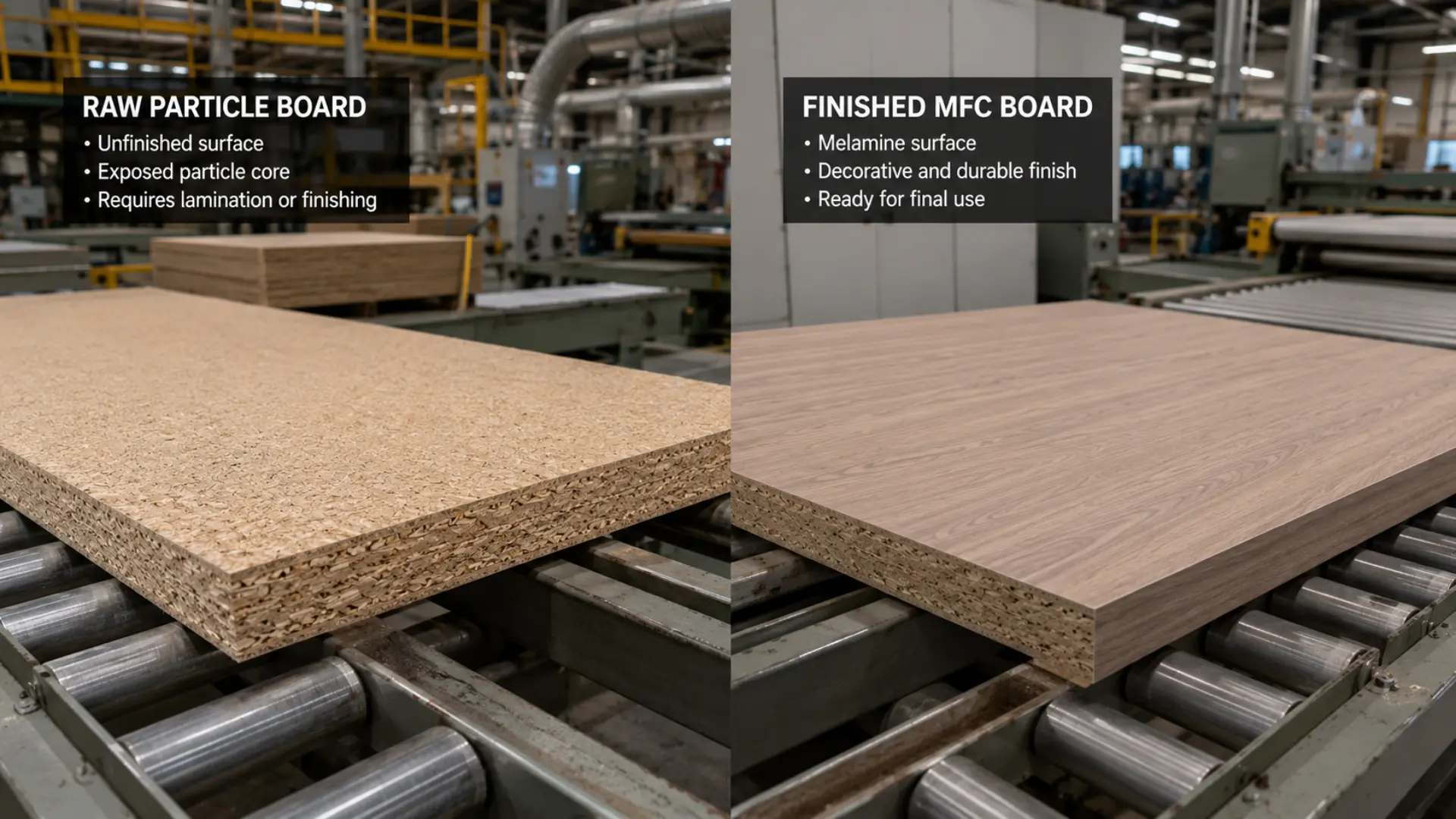 MFC vs particle board menampilkan particle board polos di satu sisi dan MFC board berlapis melamin di sisi lainnya