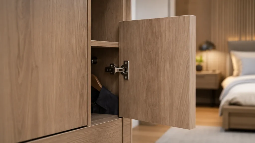 Pintu lemari berbahan MFF board dengan finishing melamin wood grain dan engsel soft close di kamar tidur modern