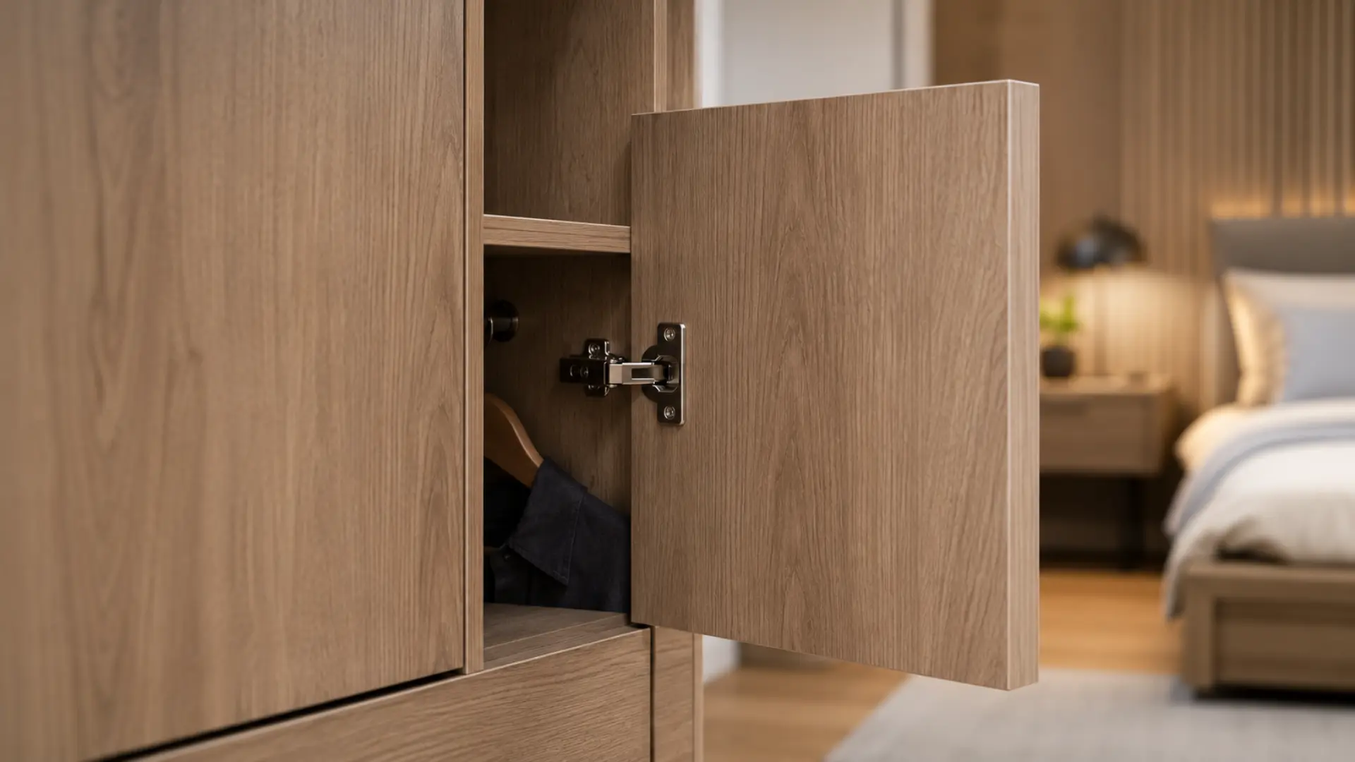 Pintu lemari berbahan MFF board dengan finishing melamin wood grain dan engsel soft close di kamar tidur modern