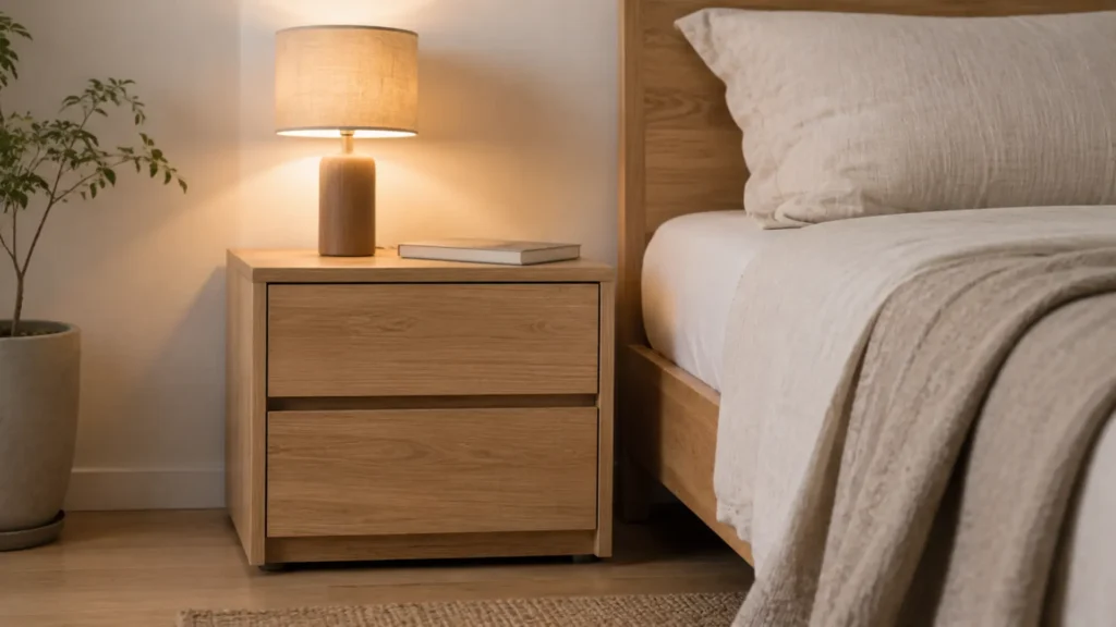 Nakas MFC board motif wood grain di samping tempat tidur kamar tidur modern dengan lampu tidur