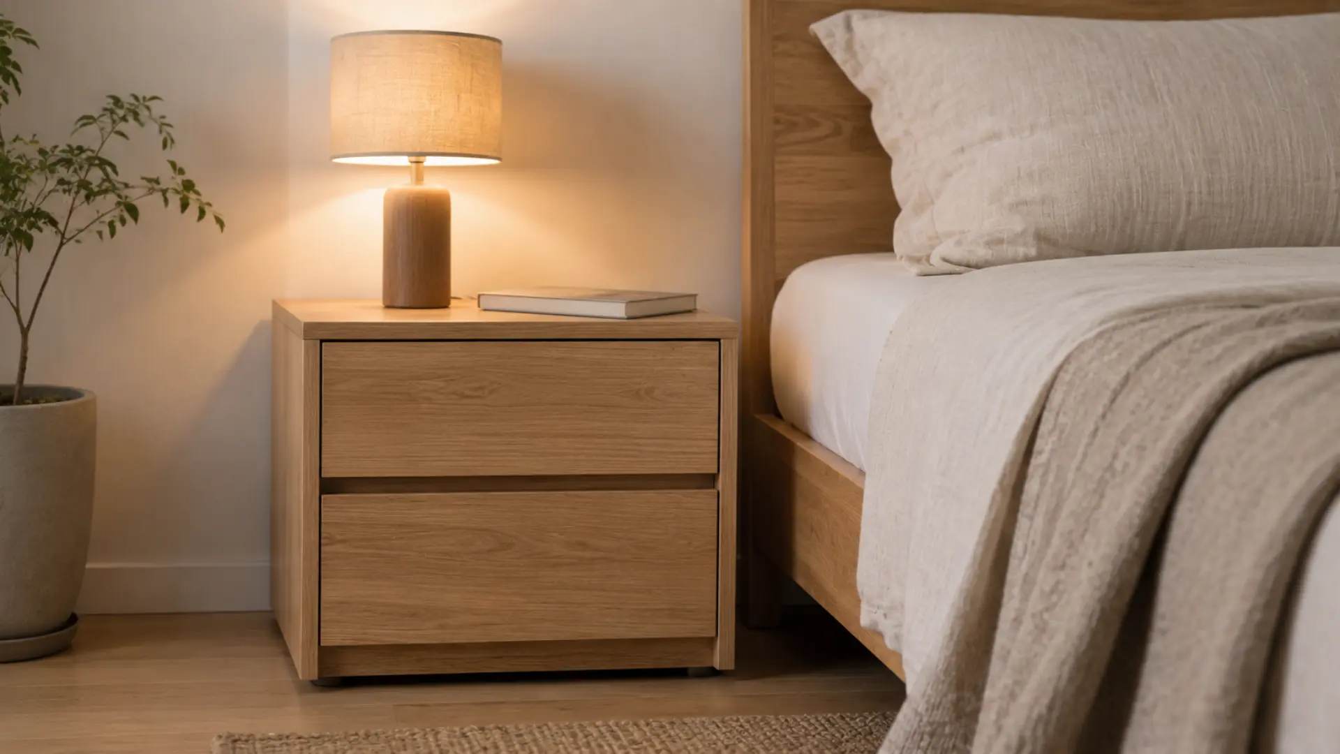 Nakas MFC board motif wood grain di samping tempat tidur kamar tidur modern dengan lampu tidur