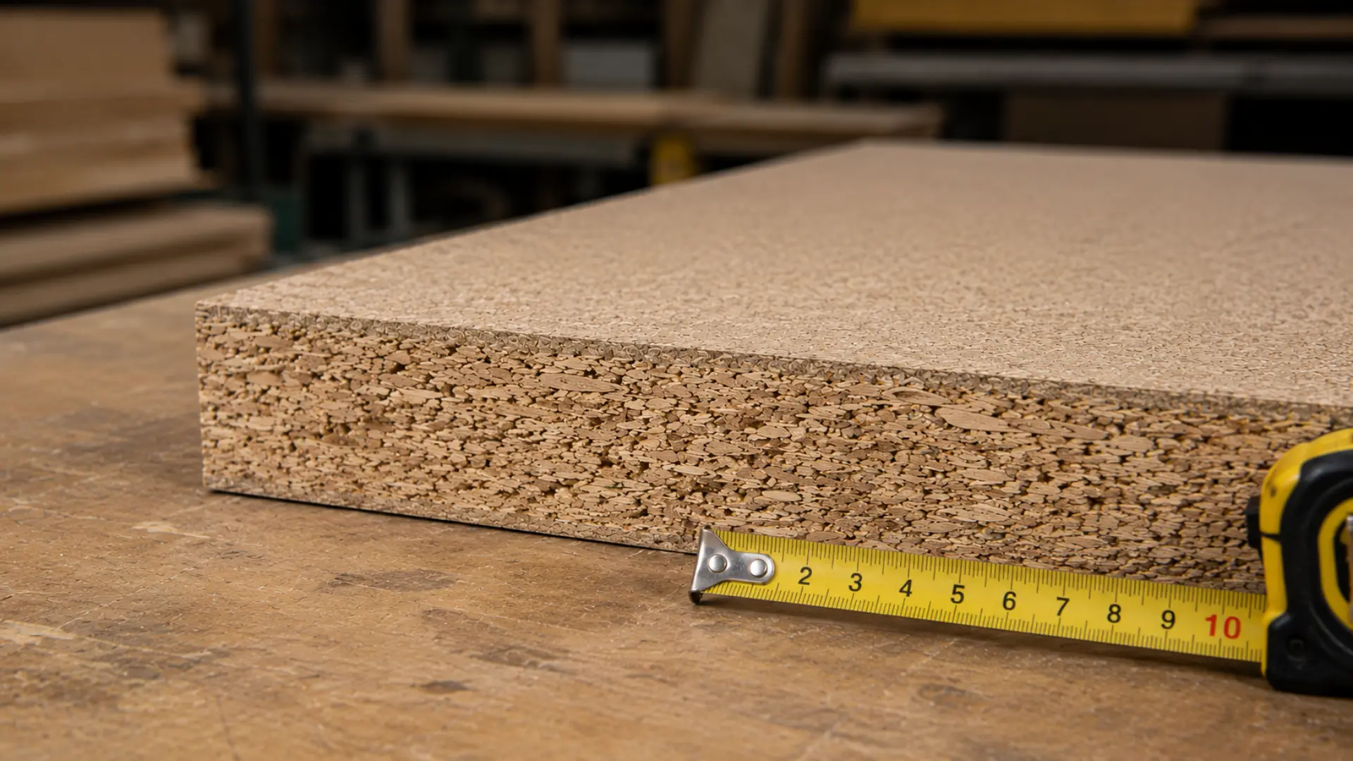 Panel particle board 18mm dengan tampilan sisi potongan menampilkan tekstur partikel kayu dan permukaan rata