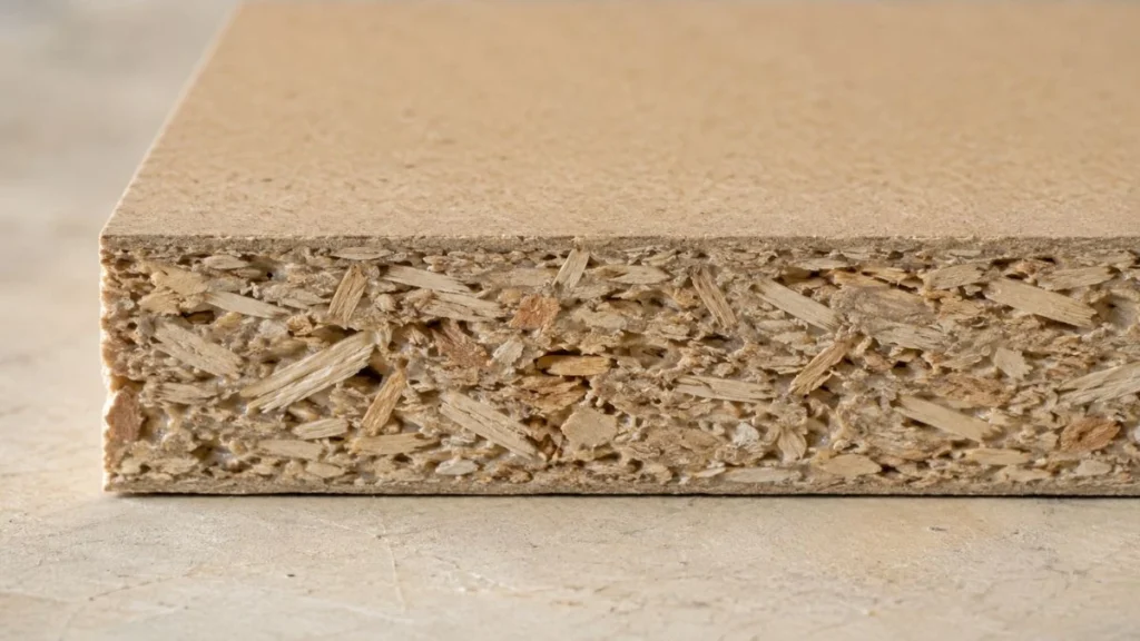 Penampang particle board mentah menunjukkan tekstur serpihan kayu dan resin yang dipress padat