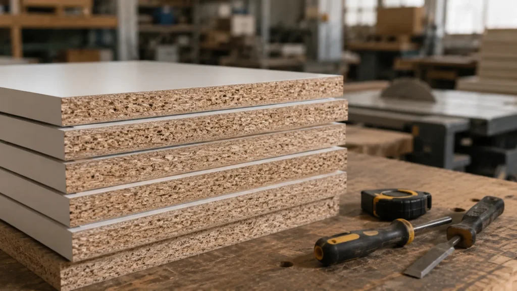 Panel particle board 18mm sebagai bahan baku body lemari furnitur di workshop produksi furnitur