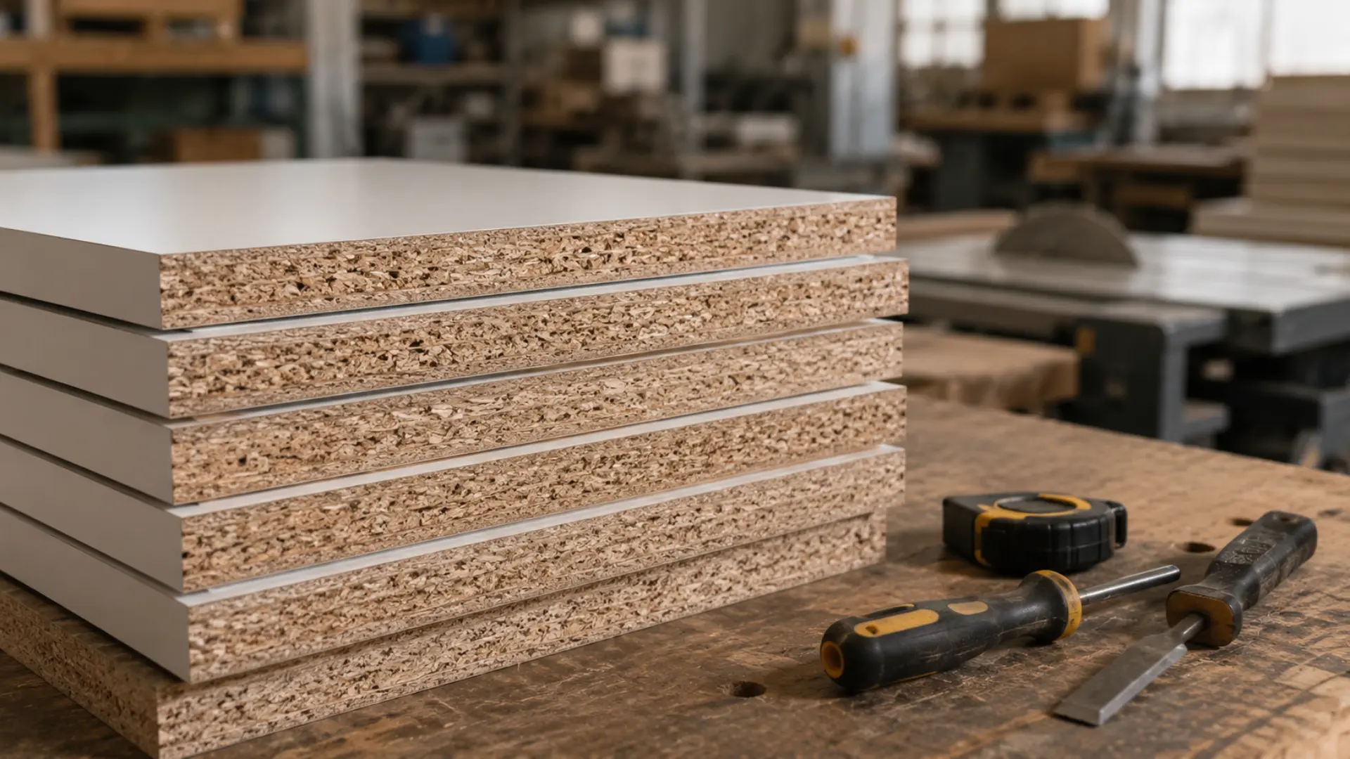 Panel particle board 18mm sebagai bahan baku body lemari furnitur di workshop produksi furnitur