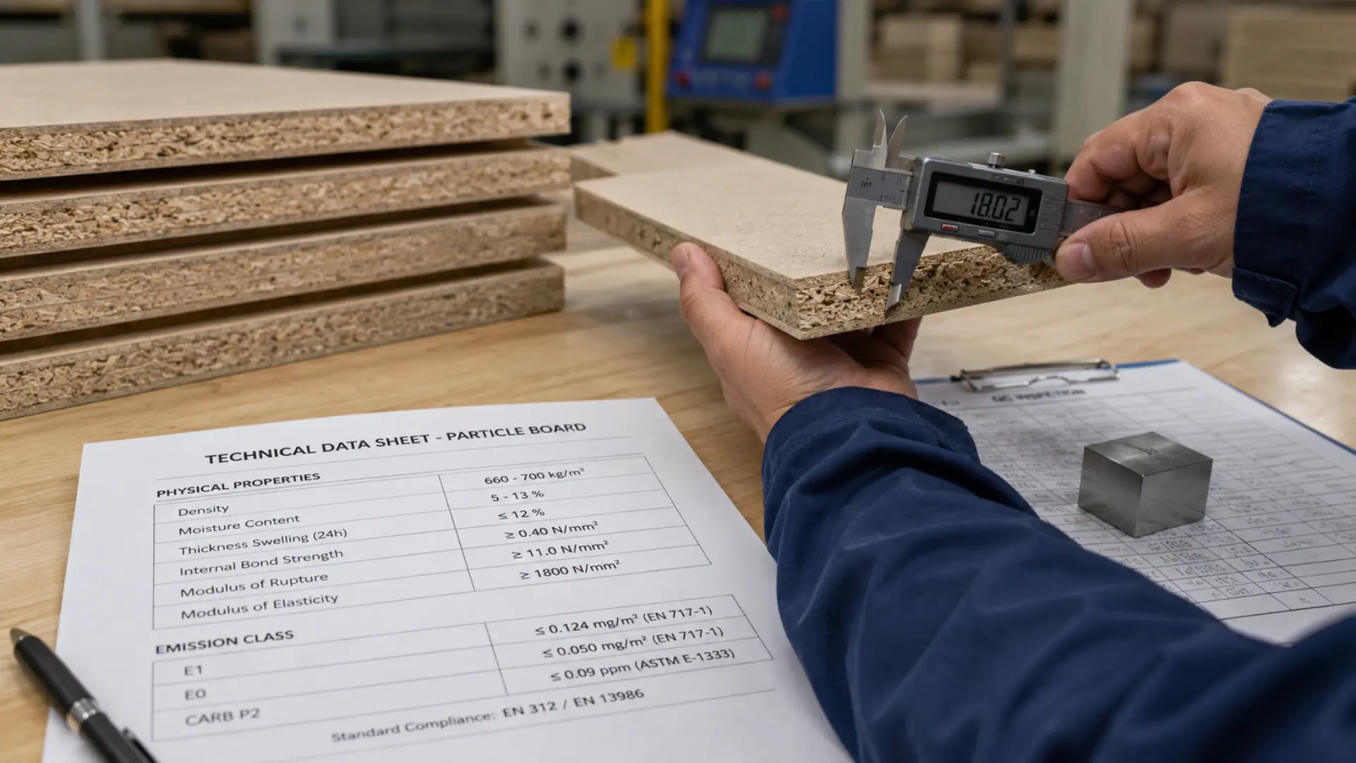 Particle board grade A adalah istilah pasar yang diverifikasi melalui parameter teknis density dan tipe emisi pada data sheet