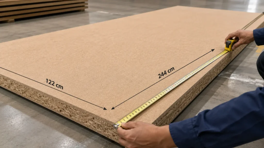 Ukuran particle board standar 122 x 244 cm diukur dengan meteran menampilkan dimensi panjang dan lebar panel