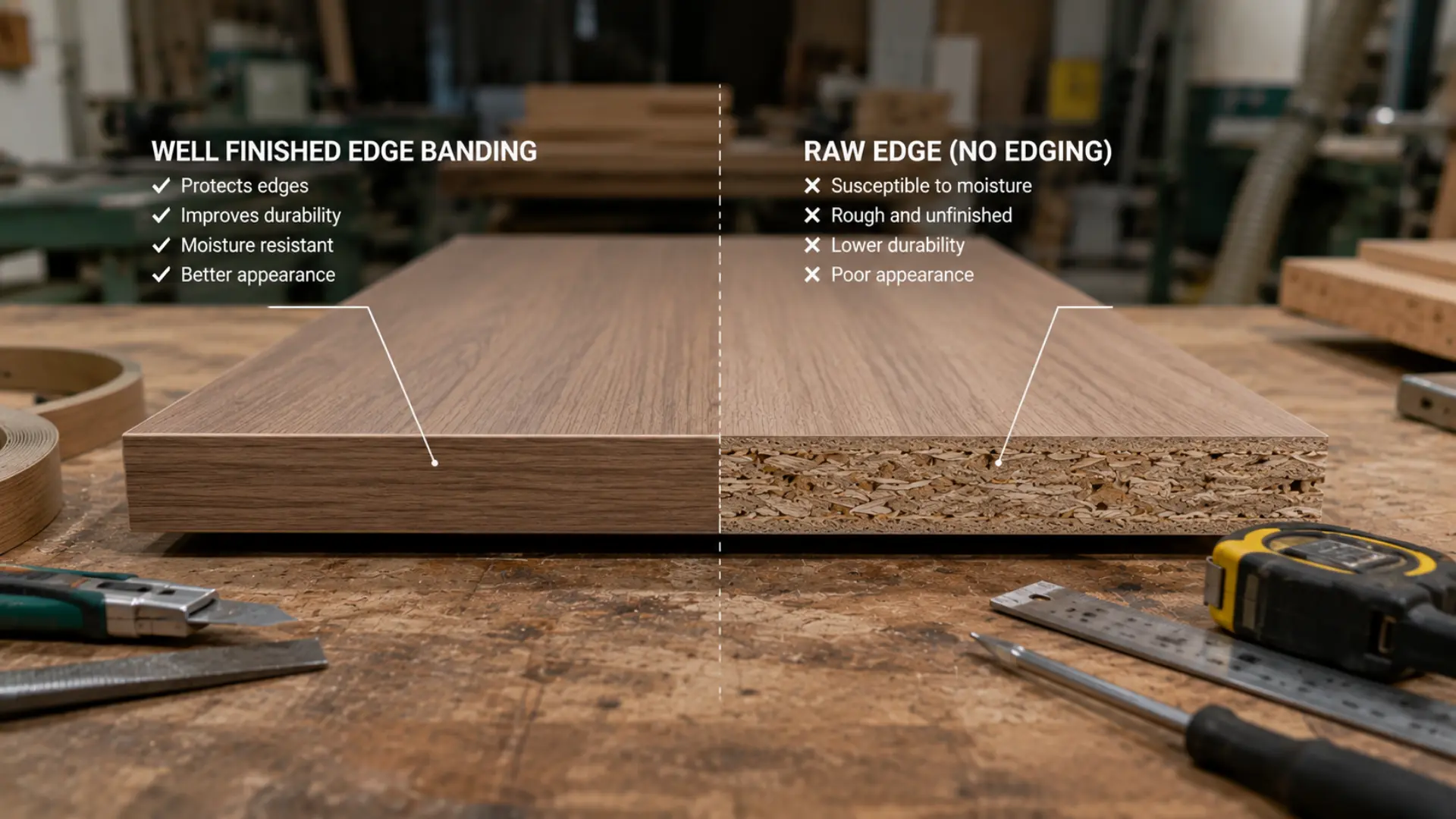 Particle board kelebihan dan kekurangan ditampilkan melalui panel dengan area edge banding rapi dan area tepi tanpa pelindung