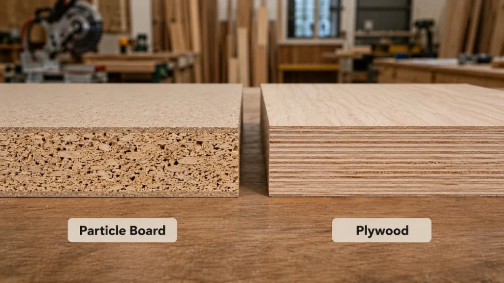 Particle board vs plywood perbandingan panel berdampingan menampilkan perbedaan struktur partikel homogen dan lapisan veneer bersilangan