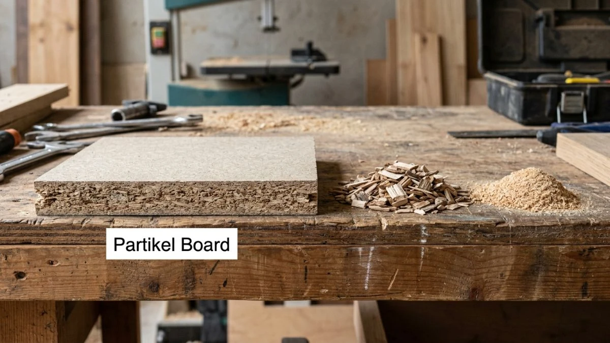 Partikel board adalah panel kayu olahan dengan tampilan sisi potongan menampilkan tekstur partikel kayu kasar yang dipadatkan